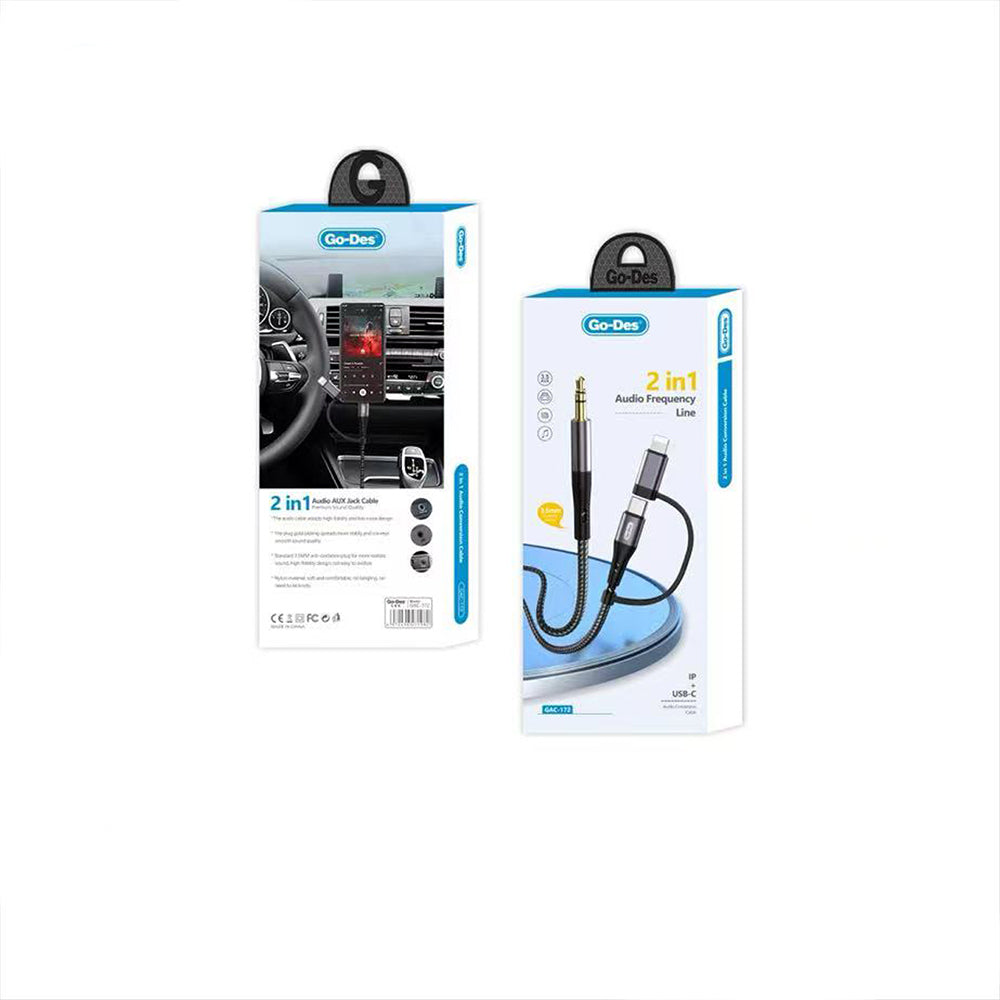 Go Des GAC-172 2in1 Type-C & Lightning to 3.5mm AUX Audio Kablo 1M Go Des GAC-172 2in1 Type-C & Lightning to 3.5mm AUX Audio Kablo 1M